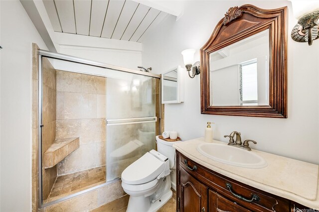 1670 Halekoa Dr, Honolulu, HI 96821 - full bathroom featuring a shower stall, vanity, and beamed ceiling