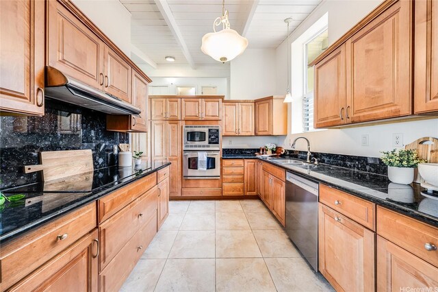 1670 Halekoa Dr, Honolulu, HI 96821 - kitchen with appliances with stainless steel finishes, decorative backsplash, beamed ceiling, dark stone countertops, and light tile patterned floors