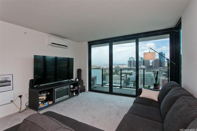615 Keawe St Unit 1903, Honolulu, HI 96813 - carpeted living room with floor to ceiling windows, a wall mounted AC, and a textured ceiling