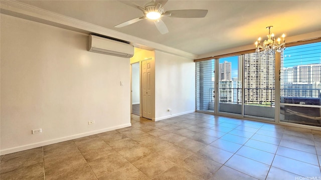 1848 Kahakai Dr Unit 1502, Honolulu, HI 96814 - tiled spare room featuring a wall mounted AC, a chandelier, ornamental molding, plenty of natural light, and ceiling fan