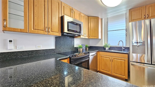 1848 Kahakai Dr Unit 1502, Honolulu, HI 96814 - kitchen with stainless steel appliances, dark stone countertops, glass insert cabinets, and brown cabinets