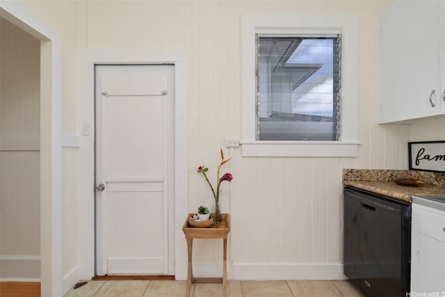 3413 Winam Ave, Honolulu, HI 96815 - kitchen featuring dishwasher, white cabinets, light tile patterned flooring, and wood walls