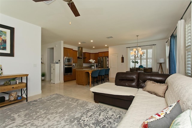 91-1526 Kaikohola St Unit D1, Ewa Beach, HI 96706 - living room featuring a ceiling fan, light tile patterned flooring, a chandelier, and recessed lighting