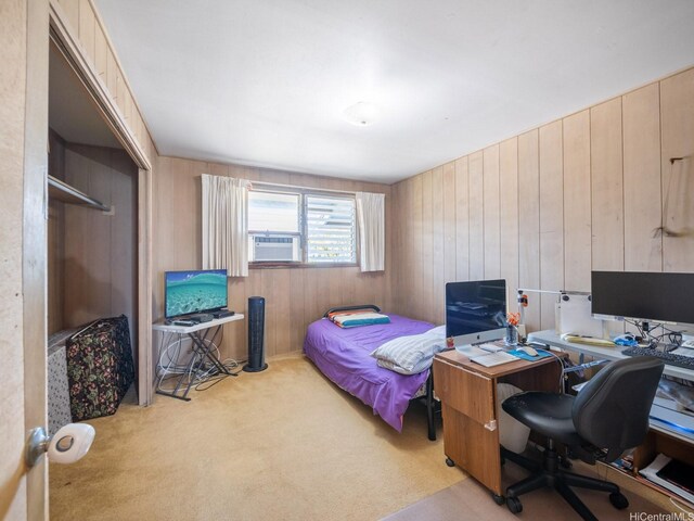1114 8th Ave, Honolulu, HI 96816 - carpeted bedroom with a desk, wooden walls, and cooling unit