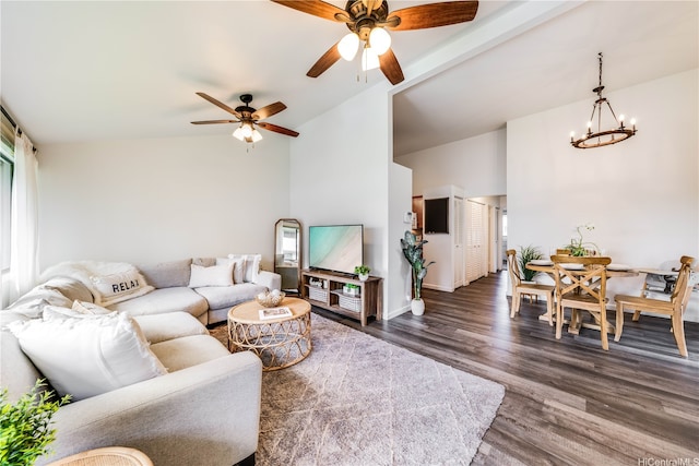 95-150 Kuahelani Ave Unit 255, Mililani, HI 96789 - living area featuring ceiling fan, a chandelier, dark wood-style floors, and high vaulted ceiling