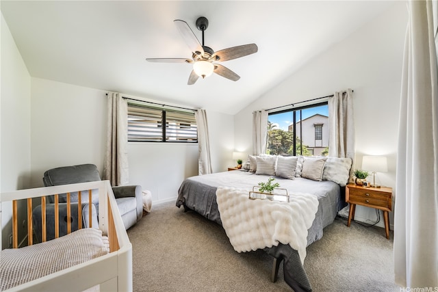 95-150 Kuahelani Ave Unit 255, Mililani, HI 96789 - carpeted bedroom featuring multiple windows, vaulted ceiling, and ceiling fan