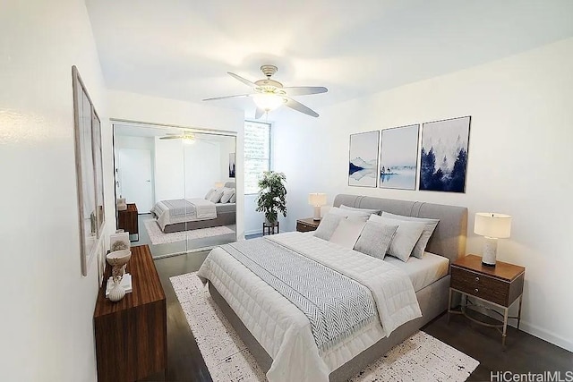 84-754 Ala Mahiku St Unit 1248B, Waianae, HI 96792 - bedroom featuring a closet, a ceiling fan, and dark wood finished floors