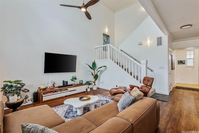 92-1087 Koio Drive M29-3 (Apt C), Kapolei, HI 96707 - living area featuring stairway, wood finished floors, ceiling fan, and ornamental molding