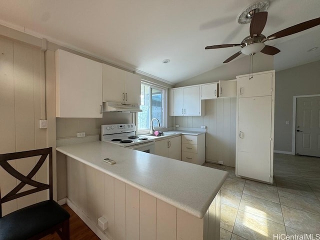 99-146 Kulina St, Aiea, HI 96701 - kitchen with under cabinet range hood, electric range, a ceiling fan, lofted ceiling, and a peninsula