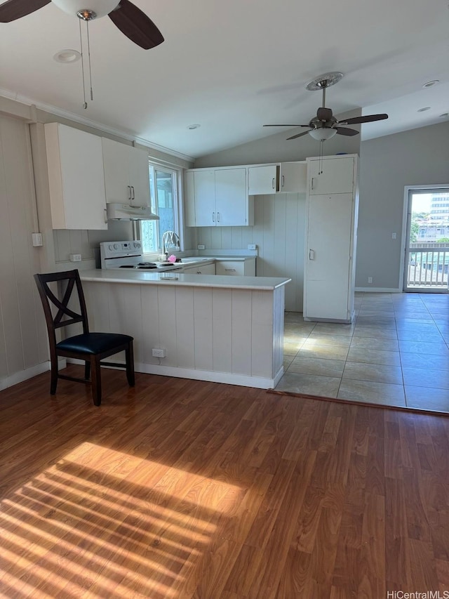 99-146 Kulina St, Aiea, HI 96701 - kitchen with ceiling fan, under cabinet range hood, a peninsula, white electric stove, and vaulted ceiling