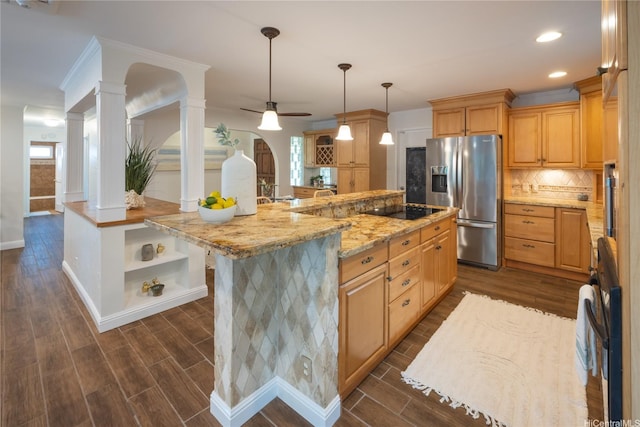 46-259 Kalali St, Kaneohe, HI 96744 - kitchen with stainless steel refrigerator with ice dispenser, recessed lighting, backsplash, dark wood-style floors, and ceiling fan