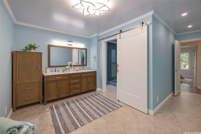 46-259 Kalali St, Kaneohe, HI 96744 - bathroom with double vanity, crown molding, tile patterned floors, and recessed lighting