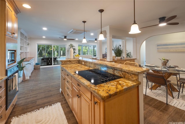 46-259 Kalali St, Kaneohe, HI 96744 - kitchen with black appliances, ceiling fan, arched walkways, dark wood-style floors, and recessed lighting