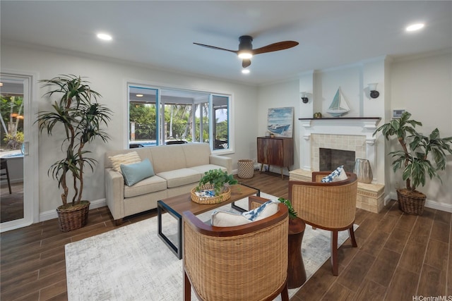 46-259 Kalali St, Kaneohe, HI 96744 - living room with a ceiling fan, dark wood-style flooring, recessed lighting, a fireplace, and crown molding