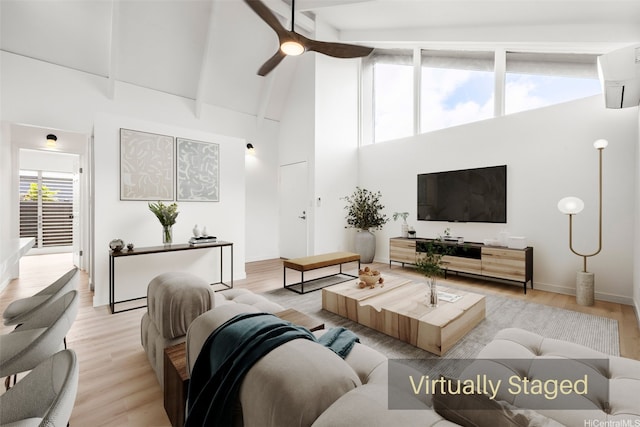 94-431 Keaoopua St Unit 104, Mililani, HI 96789 - living area with high vaulted ceiling, a wall unit AC, wood finished floors, ceiling fan, and beamed ceiling