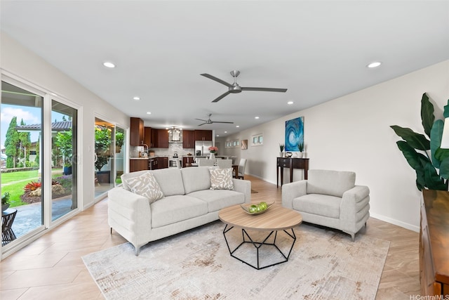 1034 Kaumoku St, Honolulu, HI 96825 - living area with recessed lighting, a ceiling fan, and light tile patterned floors