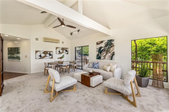 5926 Kalanianaole Hwy, Honolulu, HI 96821 - carpeted living room with an AC wall unit, high vaulted ceiling, beam ceiling, and ceiling fan