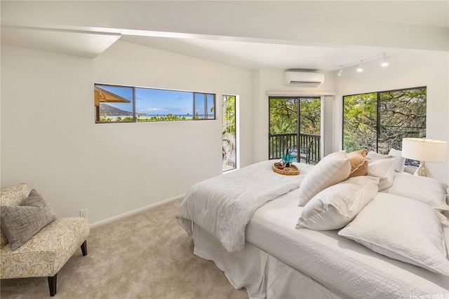 5926 Kalanianaole Hwy, Honolulu, HI 96821 - bedroom with a wall mounted air conditioner, light colored carpet, access to exterior, and rail lighting