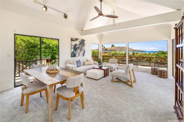5926 Kalanianaole Hwy, Honolulu, HI 96821 - carpeted dining space featuring beamed ceiling, a ceiling fan, plenty of natural light, high vaulted ceiling, and rail lighting