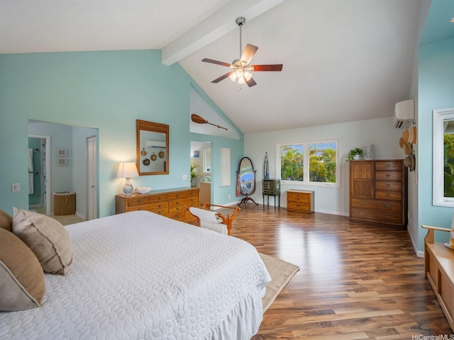 1586 Paukiki St, Kailua, HI 96734 - bedroom with an AC wall unit, wood finished floors, high vaulted ceiling, beam ceiling, and a ceiling fan