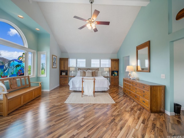 1586 Paukiki St, Kailua, HI 96734 - bedroom with high vaulted ceiling, wood finished floors, recessed lighting, and a ceiling fan