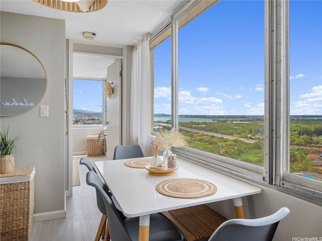 1060 Kamehameha Hwy Unit 2103A, Pearl City, HI 96782 - dining space with light wood-type flooring, a water view, and a textured ceiling