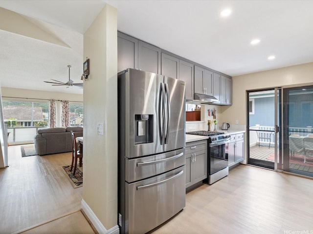 1549 Kanapuu Dr, Kailua, HI 96734 - kitchen featuring appliances with stainless steel finishes, gray cabinetry, light wood-style flooring, and recessed lighting