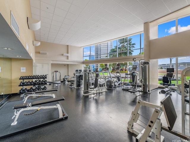 1288 Kapiolani Blvd Unit I2808, Honolulu, HI 96814 - workout area with a towering ceiling and plenty of natural light