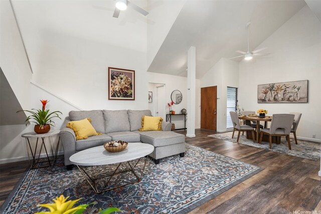 46-160 Kiowai St Unit 2322, Kaneohe, HI 96744 - living area with ceiling fan, high vaulted ceiling, and wood finished floors