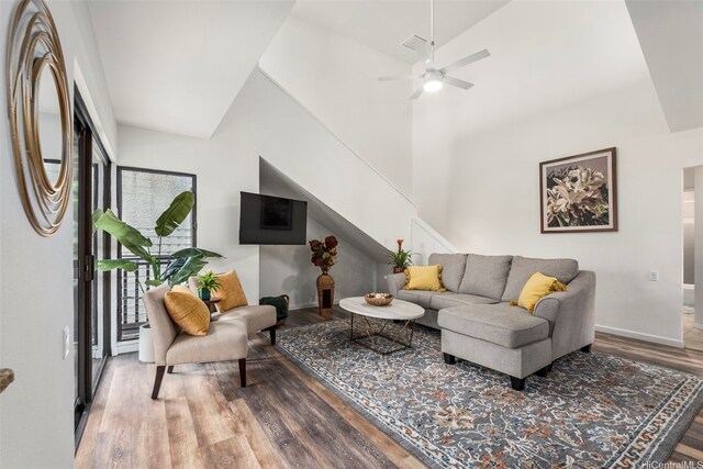 46-160 Kiowai St Unit 2322, Kaneohe, HI 96744 - living room with wood finished floors, ceiling fan, and stairs