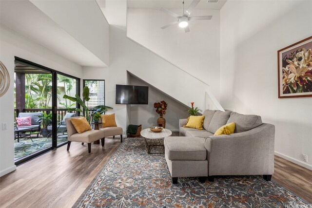 46-160 Kiowai St Unit 2322, Kaneohe, HI 96744 - living area featuring wood finished floors, a ceiling fan, and a high ceiling
