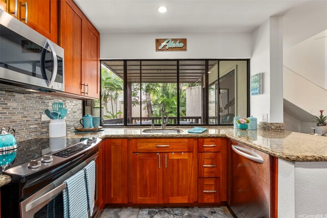 46-160 Kiowai St Unit 2322, Kaneohe, HI 96744 - kitchen with appliances with stainless steel finishes, stone counters, decorative backsplash, brown cabinetry, and recessed lighting