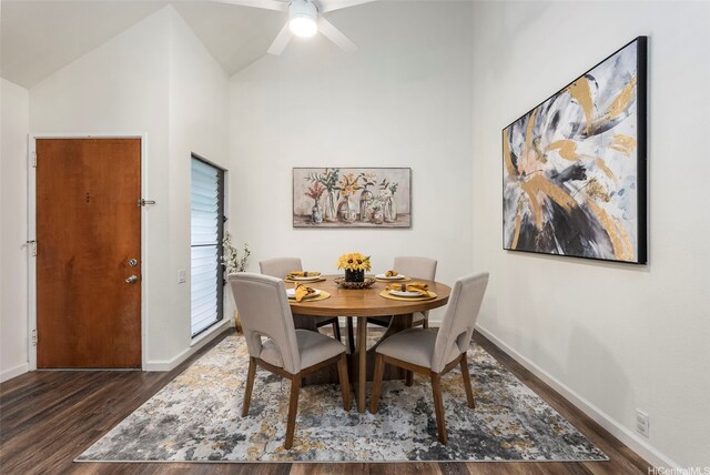 46-160 Kiowai St Unit 2322, Kaneohe, HI 96744 - dining space with dark wood-type flooring, a ceiling fan, and high vaulted ceiling