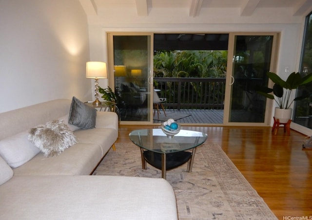45-995 Wailele Rd Unit 29, Kaneohe, HI 96744 - living area featuring wood finished floors and beam ceiling
