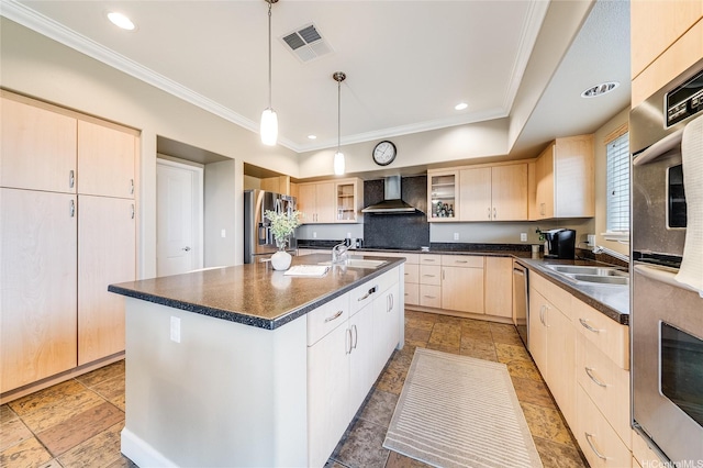 95-1021 Hoama St, Mililani, HI 96789 - kitchen featuring stainless steel appliances, wall chimney range hood, dark countertops, light brown cabinets, and crown molding