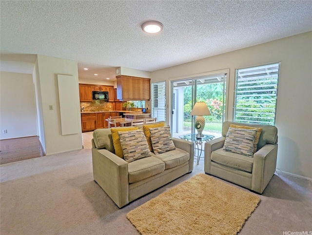 46-426 Hololio St, Kaneohe, HI 96744 - living room featuring light colored carpet, a textured ceiling, and recessed lighting