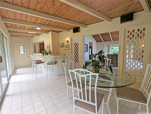 46-426 Hololio St, Kaneohe, HI 96744 - dining space featuring a wooden ceiling with exposed beams and light tile patterned floors
