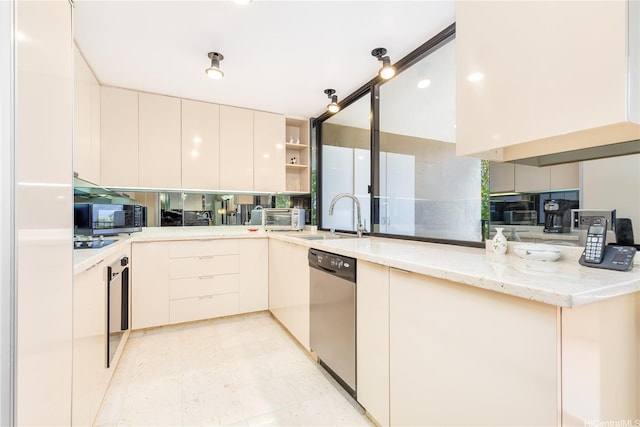 965 Prospect St Unit 604, Honolulu, HI 96822 - kitchen with dishwasher, modern cabinets, open shelves, and light stone countertops