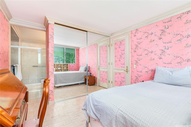 965 Prospect St Unit 604, Honolulu, HI 96822 - bedroom featuring ornamental molding, a closet, and wallpapered walls