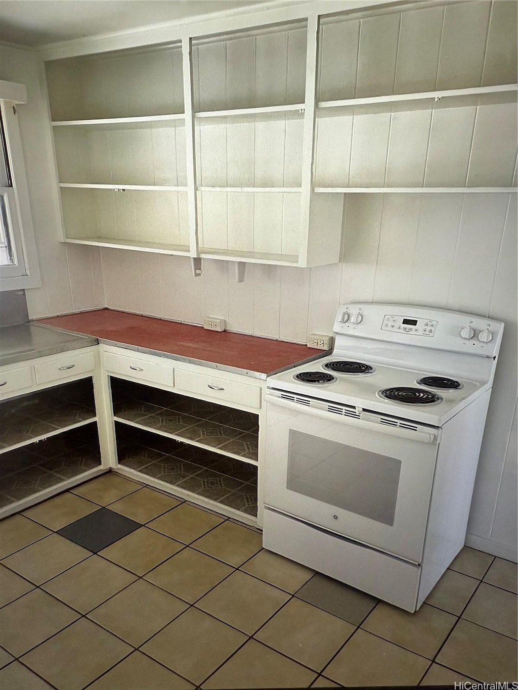 879 3rd St Unit Main, A, B, Pearl City, HI 96782 - kitchen featuring white electric range, open shelves, and light tile patterned flooring