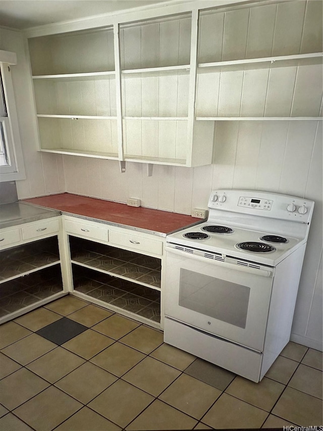 879 3rd St Unit Main, A, B, Pearl City, HI 96782 - kitchen featuring white electric range, open shelves, and light tile patterned flooring