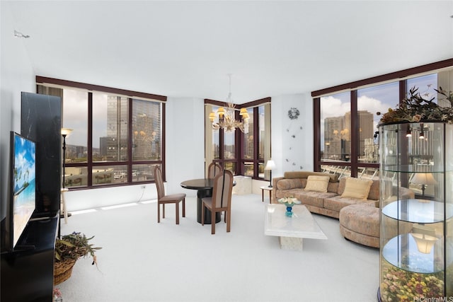 725 Kapiolani Blvd Unit 1201, Honolulu, HI 96813 - carpeted living area featuring a chandelier, a view of city, and expansive windows