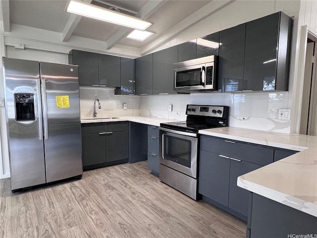 2212 Amokemoke St, Pearl City, HI 96782 - kitchen with stainless steel appliances, light wood-style flooring, decorative backsplash, modern cabinets, and gray cabinetry