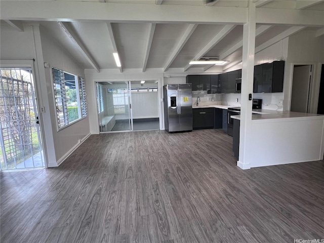 2212 Amokemoke St, Pearl City, HI 96782 - kitchen with stainless steel fridge with ice dispenser, stove, dark cabinets, light countertops, and dark wood finished floors