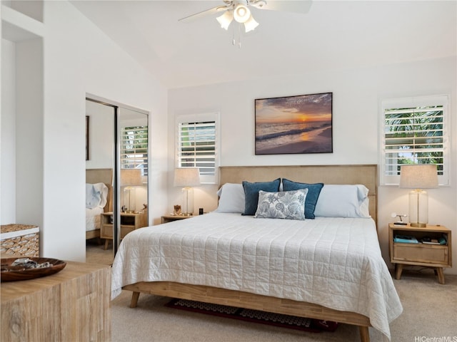 91-1032 Kaikane St, Ewa Beach, HI 96706 - carpeted bedroom featuring multiple windows, a closet, vaulted ceiling, and ceiling fan