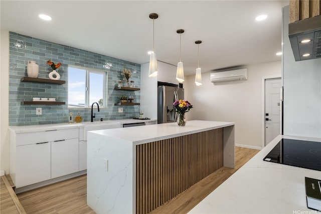 1849 Vancouver Pl, Honolulu, HI 96822 - kitchen with stainless steel fridge with ice dispenser, open shelves, an AC wall unit, modern cabinets, and decorative backsplash