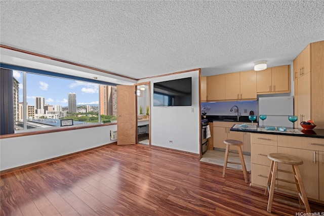 2888 Ala Ilima St Unit 806, Honolulu, HI 96818 - kitchen featuring refrigerator, light brown cabinets, a textured ceiling, wood finished floors, and dark countertops