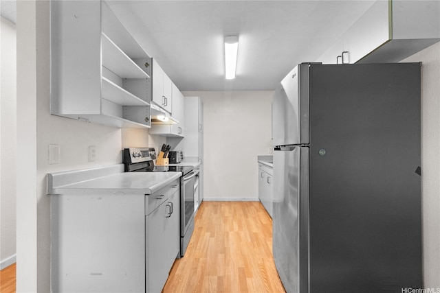 91-1024 Kaiau Ave Unit 4E, Kapolei, HI 96707 - kitchen with stainless steel appliances, under cabinet range hood, open shelves, light countertops, and white cabinets