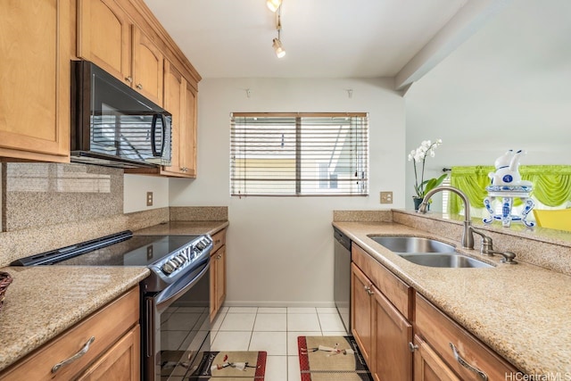 91-1005 Leleoi St Unit 91, Ewa Beach, HI 96706 - kitchen with range with electric stovetop, black microwave, dishwasher, light tile patterned floors, and brown cabinets