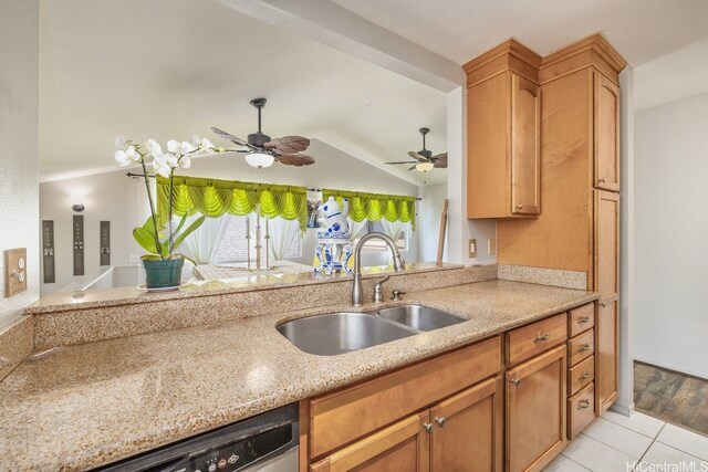91-1005 Leleoi St Unit 91, Ewa Beach, HI 96706 - kitchen with dishwasher, light tile patterned floors, light stone counters, lofted ceiling, and ceiling fan